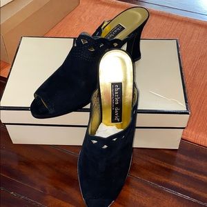 NWT Charles David PeepToe Mules in Black Suede